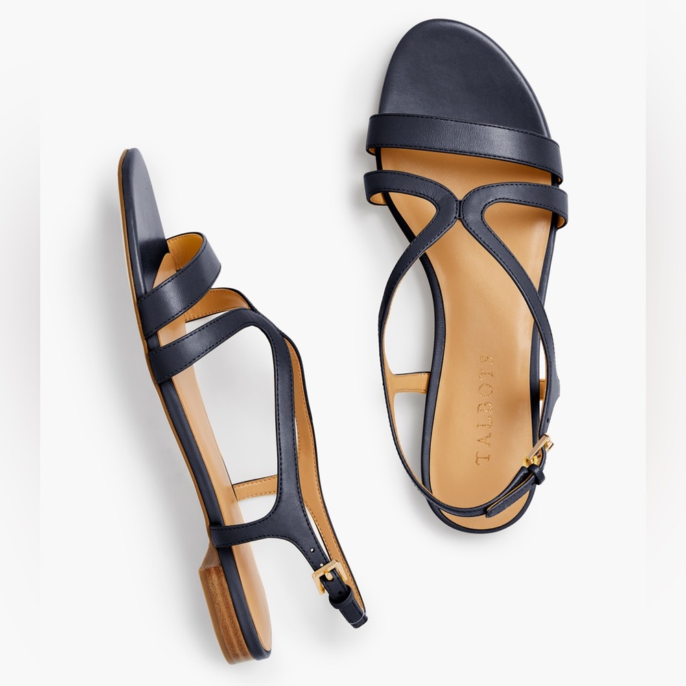 Talbots Keri Strap Sandals in Nappa Black Leather with Gold Buckle Size 9
